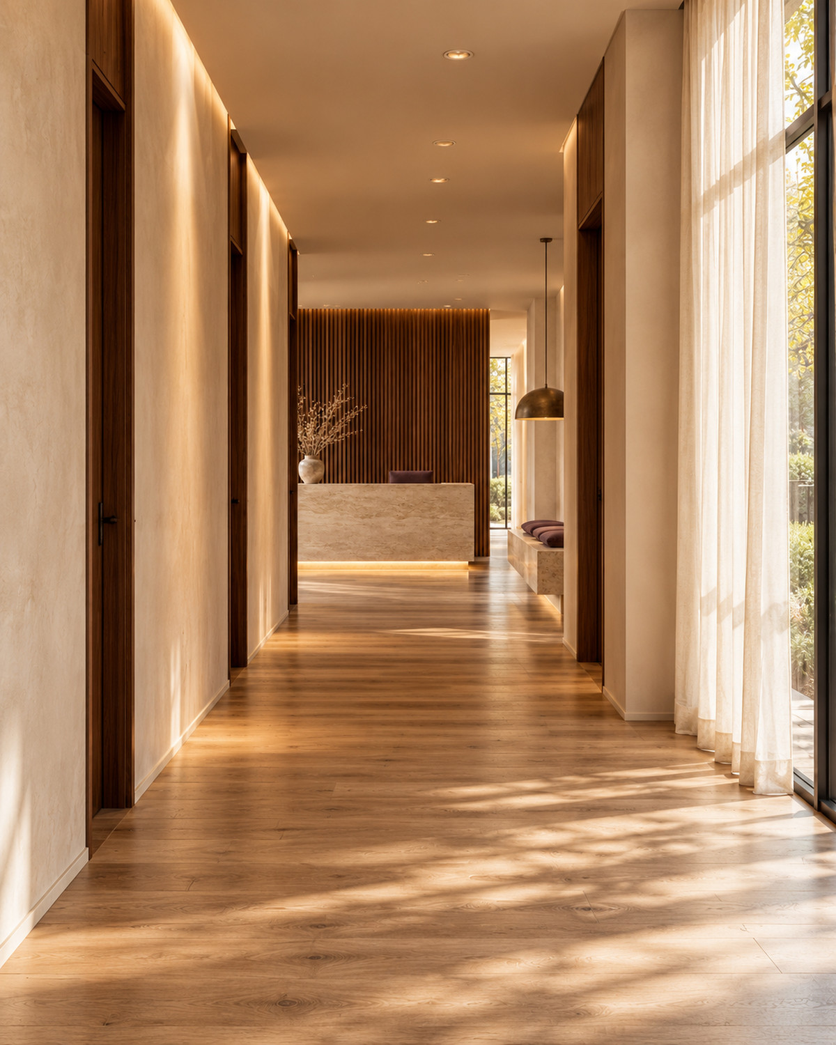 Corridor with sheer curtains