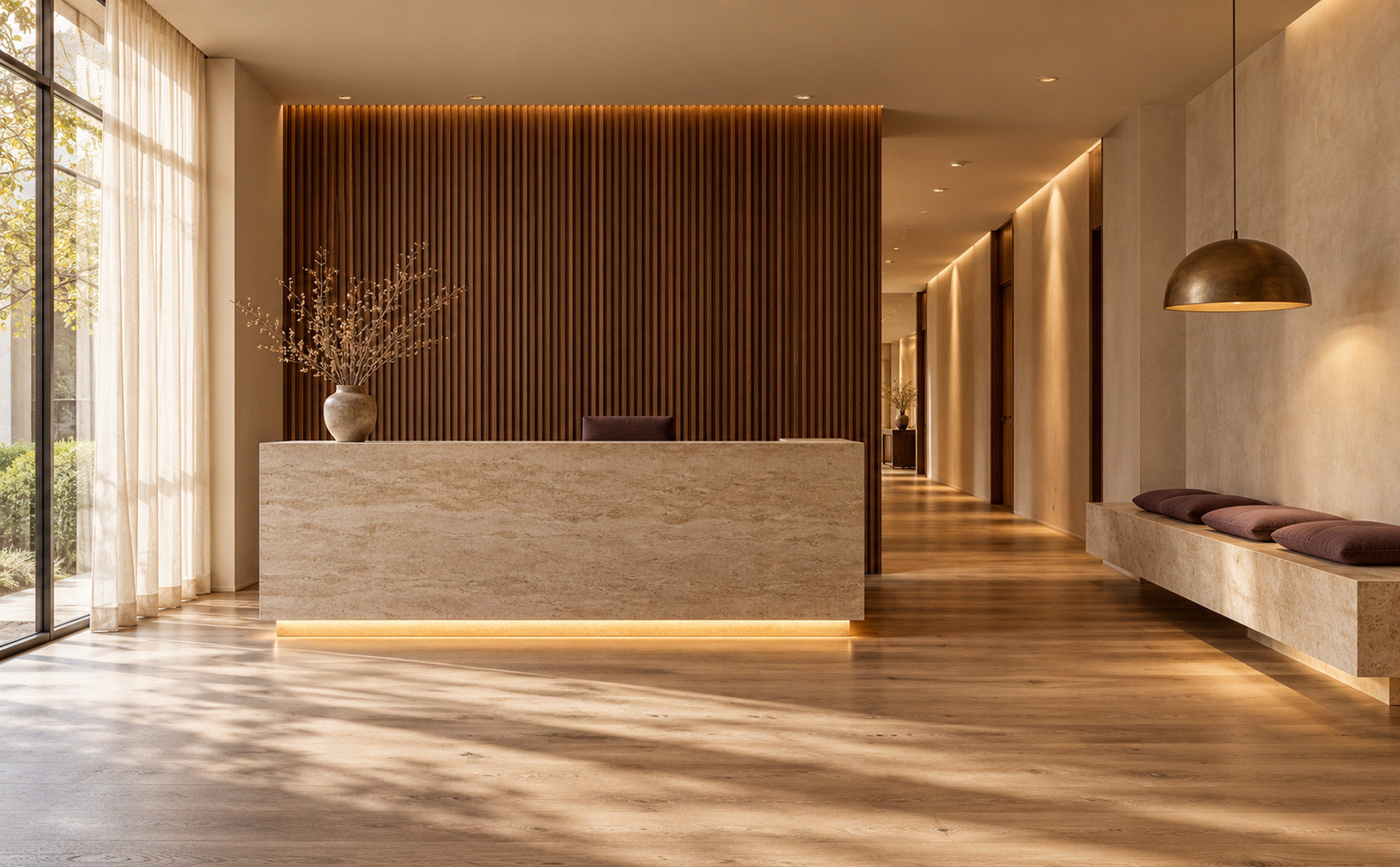 Reception with timber panelling and soft daylight