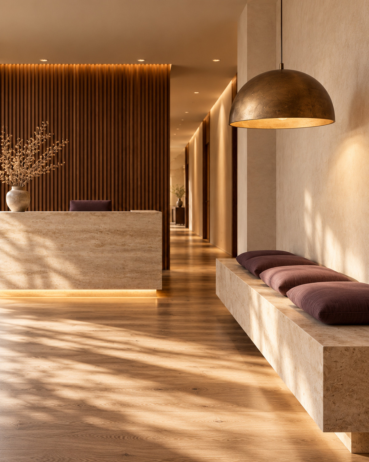 Reception with a stone bench and pendant light