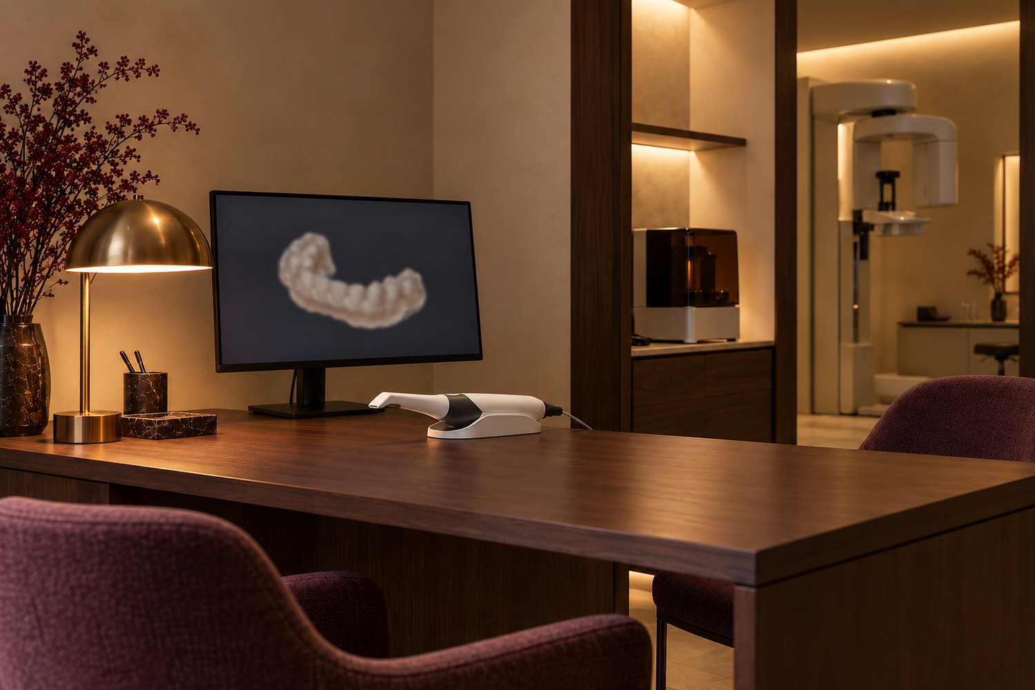 Planning studio with a warm desk light