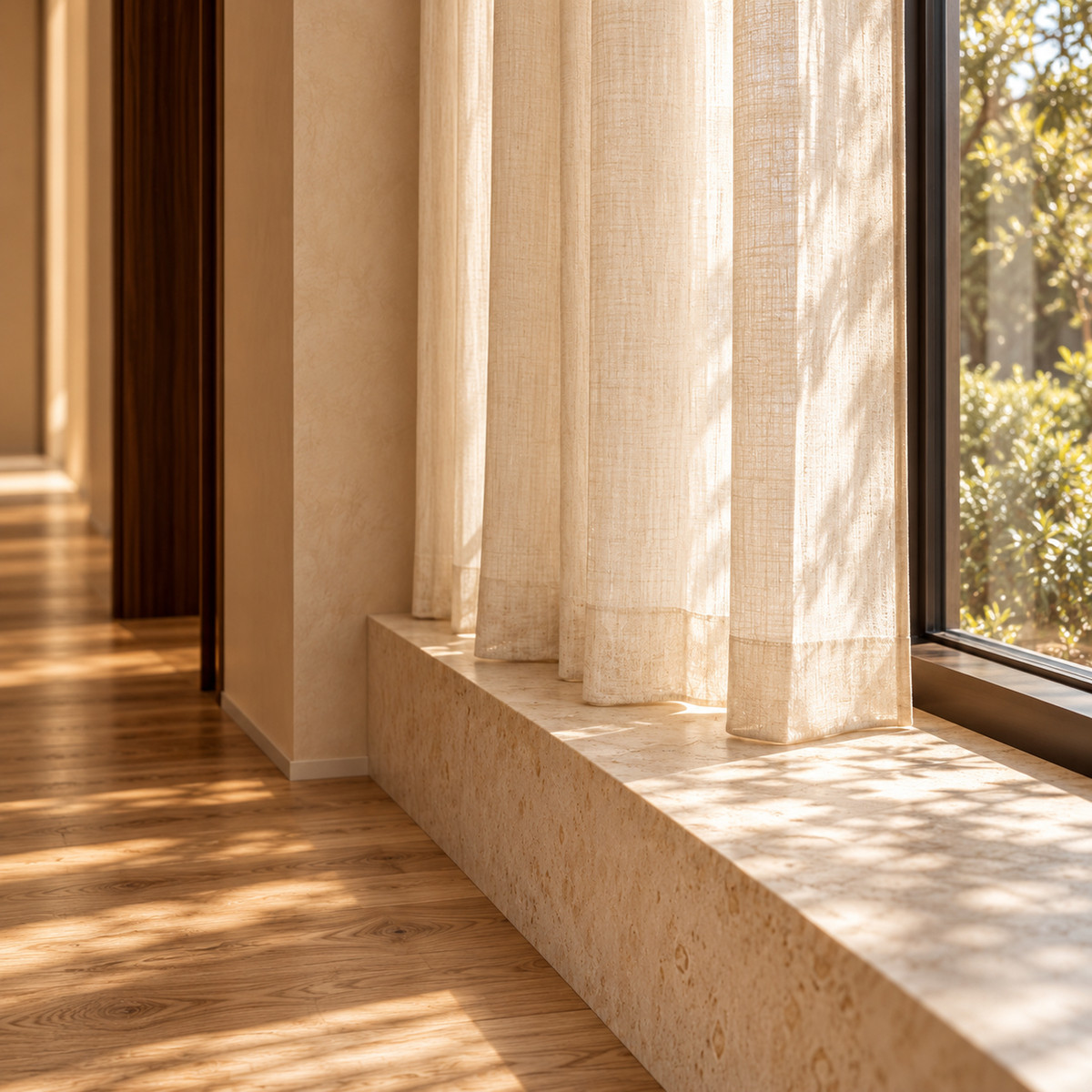 Sheer curtains diffusing morning light