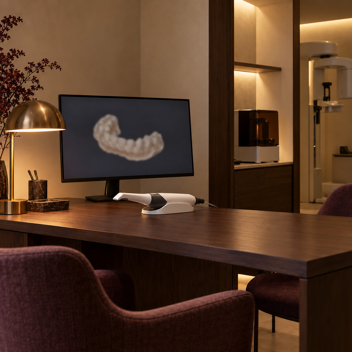 Planning studio with a warm desk light