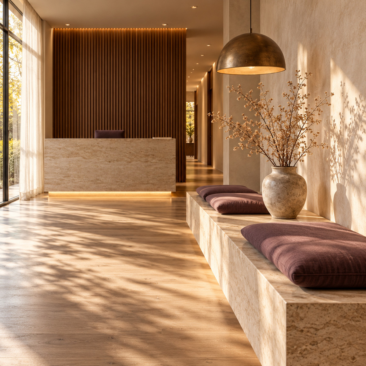 Stone bench in the arrival hall