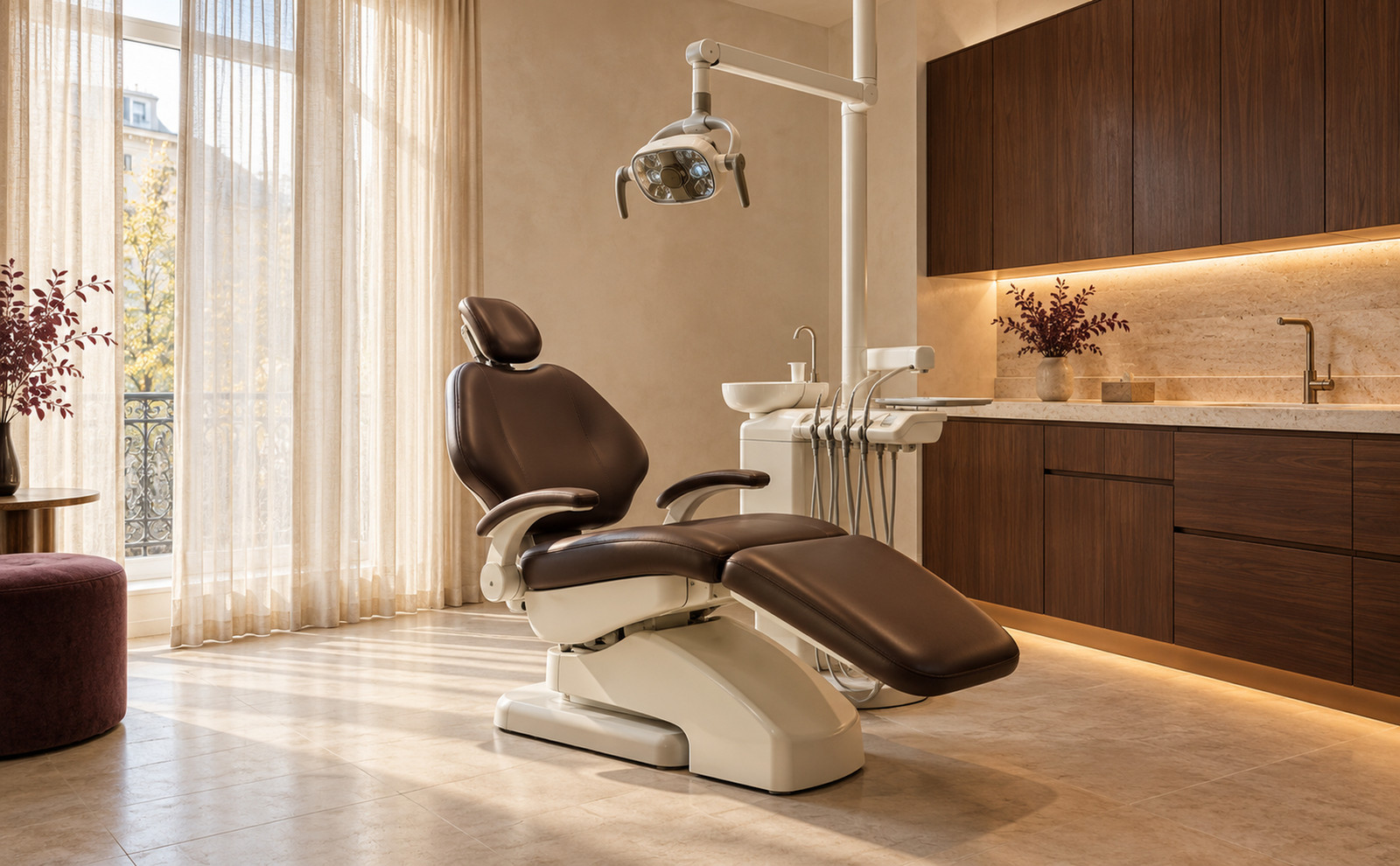 Bright treatment room with sheer curtains and timber panelling